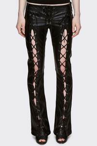 Pantalon noir en cuir véritable pour femmes, à lacets, taille haute, style gothique, évasé, longueur complète, tenue de club - Product Image 2
