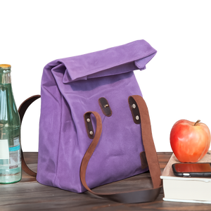 Purple Canvas Roll Top Picnic Bag Insulated Lunch Tote Shoulder Cooler Bag for Camping Travel - Product Image 1