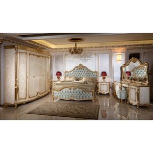 Ensemble de chambre à coucher de luxe en bois de mahogany massif, lit king-size sculpté à l'or, grand placard, 2 tables de nuit et coiffeuse - Product Image 1