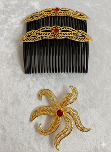 Peigne à cheveux vintage plaqué or, fait main, écologique, étanche, élégant, en alliage, avec mini pierres rouges et motif floral, pour mariée - Product Image 2