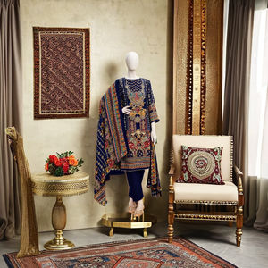 Traje Salwar Kameez de Tres Piezas Bordado en Color Carmesí con Intrincados Diseños de Paisley Dorado y Dupatta a Juego - Product Image 2