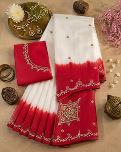 CHOHAN TEXTILE Custom Vintage Floor-Length Wedding <b>Red</b> White Organza <b>Saree</b> Handwork Border Designer Indian Bridal Women Party - Product Image 6