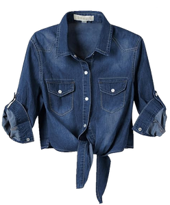 Chemisier en jean chambray court pour femme, à nouer devant, manches 3/4 retroussables, boutonné, style décontracté western cowgirl, écoresponsable - Product Image 3