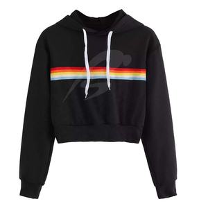 Sweat-shirt à capuche court pour femme, de haute qualité, personnalisé, noir, à manches longues, avec rayures arc-en-ciel, 100% coton, pour l'hiver, de la marque PIHA SPORTS, disponible en ligne - Product Image 1