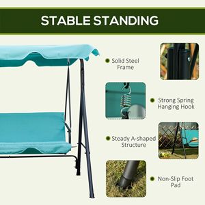 Dondolo a 3 posti con tettuccio regolabile, telaio in acciaio verde e cuscino impermeabile per patio e giardino esterno - Product Image 5