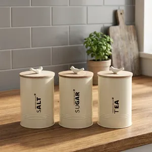 Juego de Recipientes de Cerámica Vintage para Cocina, 3 Piezas, Tapas de Madera para Almacenar Sal, Azúcar y Té, Conservación de Frescura, Portátil, Gran Capacidad - Product Image 2