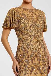 Elegante Vestido de Noche Largo con Cuentas y Flores, Corte A, Cuello Redondo, Manga Casquillo, Cintura Natural, Satén Bordado - Product Image 4