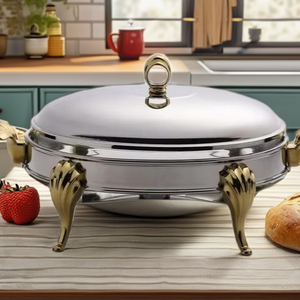 Calentador de comida para buffet de plato de frotamiento de acero inoxidable de estilo Vintage con tapa Servidor de comida elegante para eventos de catering y uso doméstico - Product Image 1