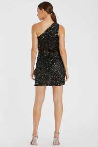 Vestido de Fiesta Formal Negro de Satén con Lentejuelas, Diseño Asimétrico, de un Solo Hombro, Ajustado al Cuerpo, Largo a Media Pantorrilla - Product Image 4