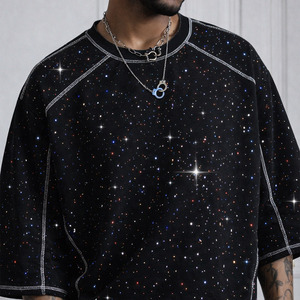 T-shirt personnalisé en strass, motif étoilé noir sur toute la surface, pour hommes, coupe oversize, 100% coton, surpiqûres contrastées, streetwear, OEM - Product Image 5