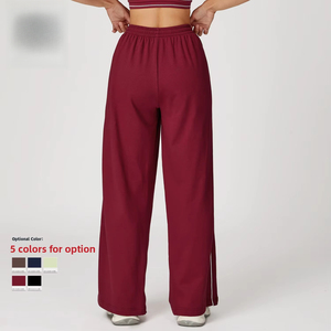 Pantalon large taille haute pour femme, couleur unie, coupe ample, taille élastique, respirant, décontracté, longueur totale, en tissu éponge, style automne - Product Image 2