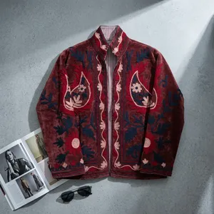 Blazer de terciopelo con cuello mandarín, manga larga, bordado floral hecho a mano, chaqueta de otoño para mujer, longitud estándar, corte regular - Product Image 3