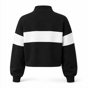 Customize Jet <b>Black</b> Womens Oversized Half Zip Cropped Sweatshirt Rib Cuff Soft Knit <b>Fleece</b> WHZCROP-0002 - Product Image 2