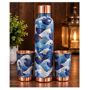 Juego de Botellas de Agua de Cobre con Diseño de Olas Azules Artísticas, Botellas Portátiles para Viajar - Product Image 1