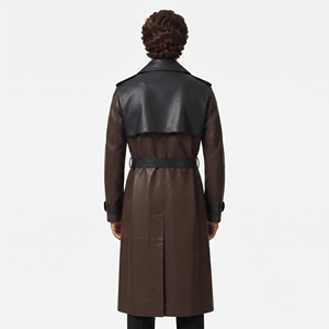 Men's Pockets <b>Leather</b> Overcoat Men's Full Length <b>Leather</b> Trench Coat Men Turn-Down <b>Leather</b> Long Coat Mens Belt <b>Leather</b> Long Coat - Product Image 2