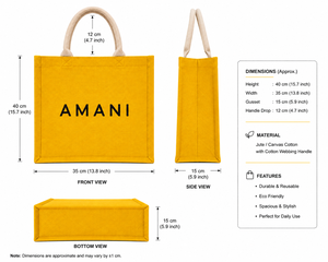 Sac de shopping en jute Amani, moyen, jaune, imprimé lettres, avec poignées en corde, idéal pour la plage, les mariages, les courses et l'usage quotidien - Product Image 2