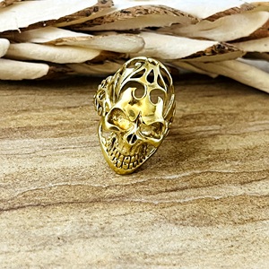 Latest New Design <b>Skull</b> <b>Ring</b> Gothic Brass Jewelry Men 18k Gold Plated Filigree Cutout Punk Skeleton Statement Wholesale/OEM/ODM - Product Image 1