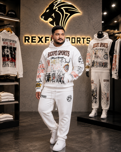 REXFITSPORTS 2026 Ensemble sweat à capuche et pantalon de jogging pour homme, blanc, motif graphique, 280-300 GSM, en molleton de coton et polyester, fermeture éclair intégrale, style streetwear - Product Image 3