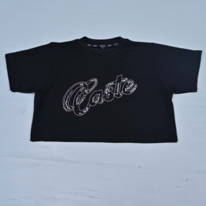 Camisetas Cortas de Alta Calidad Personalizadas para Mujer, Estilo Y2K, Color Negro, Cuello Redondo, Mangas Cortas, con Diseño de Letras con Pedrería, Ropa Casual Moderna - Product Image 2