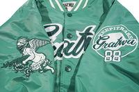 Veste bomber universitaire unisexe en satin, personnalisée, couleur verte, avec patch brodé sur le devant, style sportif, pour le printemps, écologique
