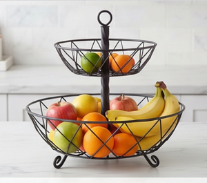 Premium Two-Tier Metal <b>Wire</b> Storage <b>Basket</b> Geometric Design Rustic Style <b>Hanging</b> Multi-Purpose Organizer Stylish Tabletop Accent - Product Image 4