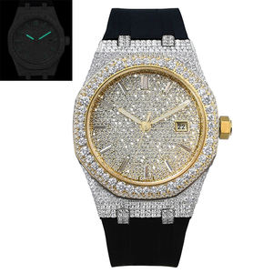 Montre mécanique Iced avec cadran doré, bracelet noir, affichage de la date, lunette sertie de diamants, montre-bracelet de luxe - Product Image 5