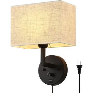 Aplique de Pared Rectangular con Pantalla de Lino de 9.5' con Interruptor de Intensidad y Diseño Enchufable con Puerto USB - Product Image 1