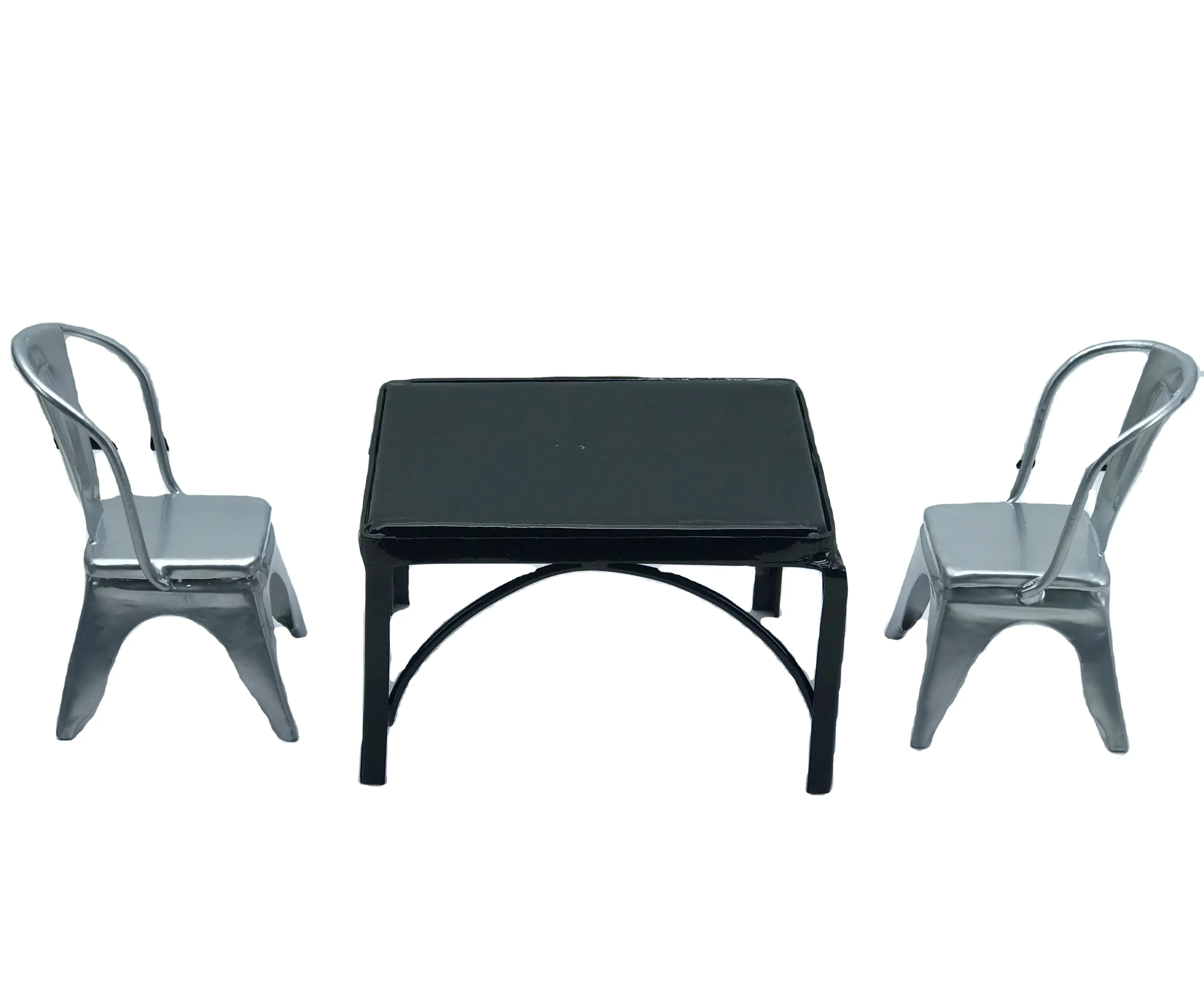 2 के सेट चांदी कुर्सी और काले टेबल गुड़िया घर लघु डाइनिंग सेट फर्नीचर धातु आयरन उच्च गुणवत्ता