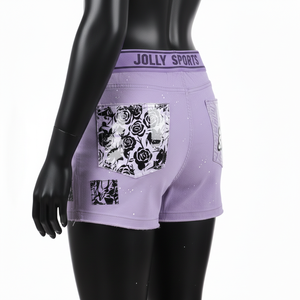 Shorts en denim lavande pour femme, en coton et polyester de qualité supérieure, avec panneaux transparents en PVC et logo personnalisé. - Product Image 6