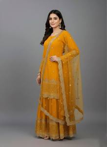 Ensemble Anarkali jaune moutarde pour femme avec broderie dorée, longueur ras du sol, style traditionnel indien pakistanais, prêt-à-porter - Product Image 3