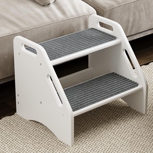 Tabouret à 2 marches en bois de manguier, finition blanchie |   Échelle à marches en bois minimaliste en gros - Product Image 1