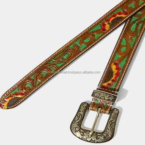 Colorful Hand carving and painting Floral Embossed Brown Western <b>Leather</b> <b>tooling</b> <b>belt</b> for unisex designer brass pin buckle - Product Image 5