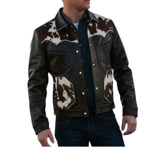 Chaqueta Bomber de Cuero Genuino con Parches de Piel de Vaca, Manga Larga, Cuello Alto, Cierre de Botón, Largo Regular, Estilo Otoñal, para Motocicleta - Product Image 1