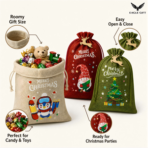 Sacs cadeaux personnalisés en jute écologiques avec cordon de serrage pour Noël, pochettes rustiques pour bonbons, ensemble pour fêtes de fin d'année - Product Image 5
