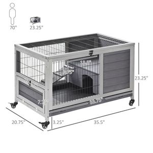 Indoor <b>Rabbit</b> Enclosure Large Wooden Elevated <b>Cage</b> Habitat with No Leak Tray Wheels Gray for <b>Rabbits</b> & Guinea Pigs - Product Image 3