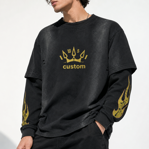 T-shirt Homme Personnalisé OEM en Coton Surdimensionné 300 Grammes, Lavage Acide, Impression Numérique, Double Couche, Manches Longues, Court, Effet Usé et Déchiré - Product Image 2