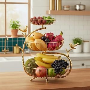 Frutero Metálico de Tres Niveles, Dorado, Moderno, Soporte de Almacenamiento para Cocina, Redondo, Resistente, No Plegable - Product Image 4