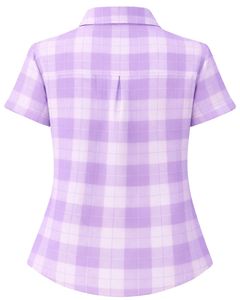 Lavender And White Plaid Womens Short Sleeve Button Up Shirt Casual Summer Lightweight Breathable <b>Checkered</b> <b>Top</b> With Pocket - Product Image 3