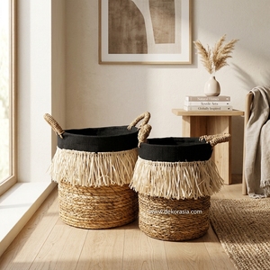 Set 2 Natural Colorful <b>Wicker</b> Banana <b>Basket</b> Handle Sustainable Home Decoration Organization Storage Woven <b>Baskets</b> Food Baby Use - Product Image 6