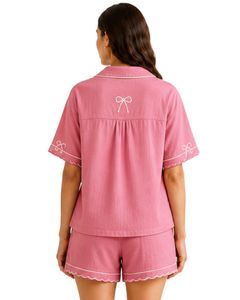 Ensemble de pyjama personnalisé rose pour femme, manches courtes, boutonné, avec broderie nœud mignon, doux et respirant, idéal pour l'été - Product Image 2