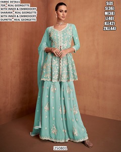 Élégant ensemble Sharara en Georgette vert clair brodé Bhandhani avec Dupatta, tenue traditionnelle pour femme, longueur ras du sol, coupe classique, idéal pour l'été - Product Image 2