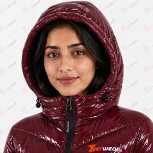 Veste bomber matelassée bordeaux pour femme, à capuche, manches longues, fermeture éclair, écologique, imperméable, coupe-vent, vêtements d'hiver - Product Image 5