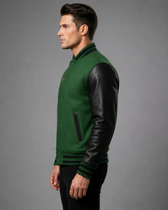 Premium Quality Men Green Varsity <b>Jacket</b> With PU <b>Leather</b> Sleeves Embroidered Logo Front Button Closure Casual Varsity <b>Jacket</b> - Product Image 6