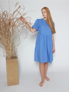 Nouvelle arrivée Robe midi en coton à manches bouffantes, col rond, silhouette en A, écologique, respirante, bleu bleuet, pour femmes, été - Product Image 3