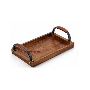 Bandeja de Almacenamiento Rectangular de Madera con Asas de Cuero, Acabado Barnizado, Diseño Minimalista para Uso en Mesa, de Una Sola Capa, para Servir Alimentos - Product Image 1