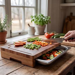 Planche à découper en bois d'acacia avec plateau, bloc de boucher en bois massif, planche de préparation de cuisine avec récupérateur de restes coulissant, planche à découper en bois - Product Image 2
