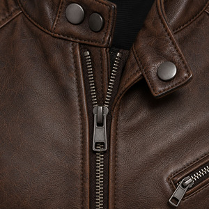 Blouson moto homme en cuir véritable marron, col montant, fermeture éclair, coupe ajustée, style motard, pour l'automne - Product Image 5
