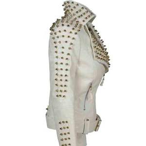Blouson de moto en cuir véritable blanc pour homme, style punk, décoré de rivets, col rabattable, fermeture éclair, coupe ajustée, automne - Product Image 6