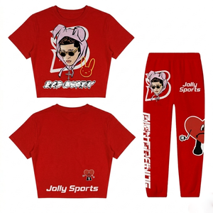 Premium 220 GSM Cotton Polyester Blend Women <b>Crop</b> <b>Top</b> and Pant Set <b>Red</b> Graphic Print Screen Print Custom Logo Women's Sets - Product Image 1