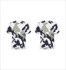 T-shirt personnalisé à manches courtes en sublimation, vêtement de sport léger avec motif camouflage gris, blanc et bleu foncé - Product Image 1